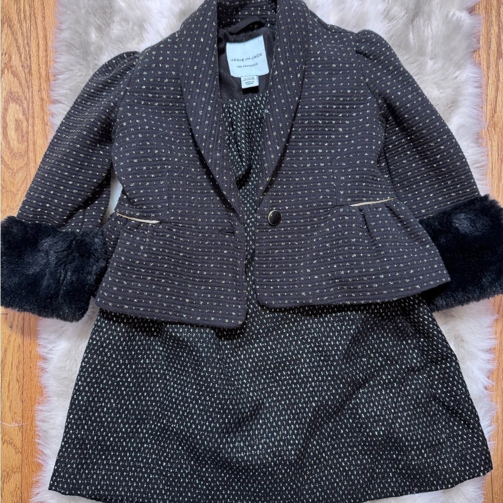 Janie & Jack Toddler Girl Black Gold Dot Jacquard Jacket Faux Fur Sleeves 12-18M